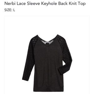 Loveappella Lace Sleeve Keyhole Back Knit Top
